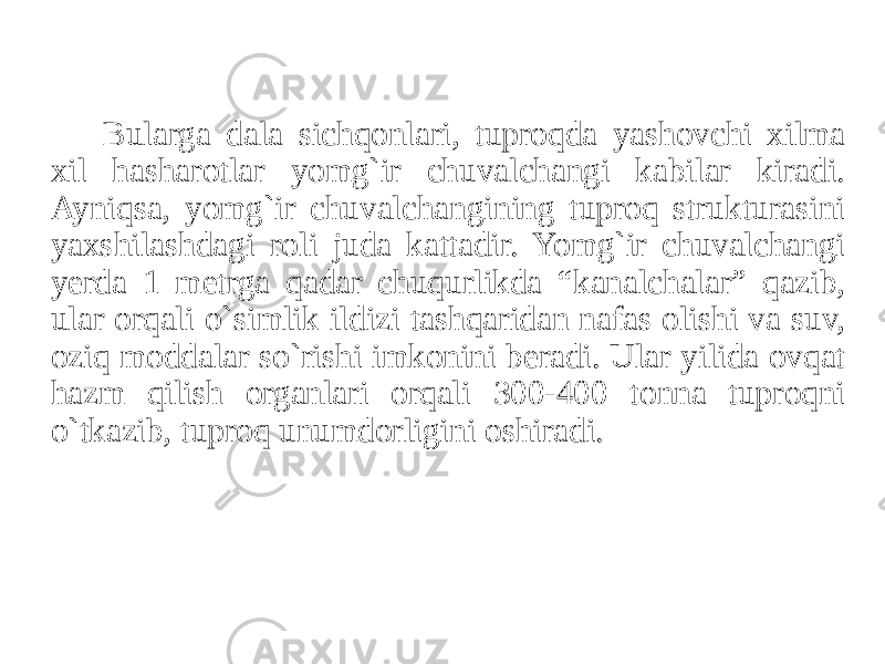 Bularga dala sichqonlari, tuproqda yashovchi xilma xil hasharotlar yomg`ir chuvalchangi kabilar kiradi. Ayniqsa, yomg`ir chuvalchangining tuproq strukturasini yaxshilashdagi roli juda kattadir. Yomg`ir chuvalchangi yerda 1 metrga qadar chuqurlikda “kanalchalar” qazib, ular orqali o`simlik ildizi tashqaridan nafas olishi va suv, oziq moddalar so`rishi imkonini beradi. Ular yilida ovqat hazm qilish organlari orqali 300-400 tonna tuproqni o`tkazib, tuproq unumdorligini oshiradi. 