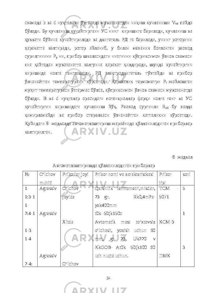 схемада b ва d нуқталари ўртасида мувозанатдан чиқиш кучланиши V bd пайдо бўлади. Бу кучланиш кучайтиргаич УС нинг киришига берилади, кучланиш ва қуввати бўйича кучайтирилади ва двигатель РД га берилади, унинг роторини ҳаракатга келтиради, ротор айланиб, у билан механик боғланган реоход сурилгичини Р р ни, прибор шкаласидаги чизгични кўприксимон ўлчов схемаси яна қайтадан мувозанатга келгунча ҳаракат қилдиради, шунда кучайтиргич киришида нолга тенглашади, РД электродвигатель тўхтайди ва прибор ўлчанаётган температурани кўрсатади. Қаршилик термометри Р t жойлашган муҳит температураси ўзгармас бўлса, кўприксимон ўлчов схемаси мувозанатда бўлади. В ва d нуқталар орасидаги потенциаллар фарқи нолга тенг ва УС кучайтиргич киришидаги кучланиш йўқ. Реоход сургичли R об бу холда қимирламайди ва прибор стерелкаси ўлчанаётган катталикни кўрсатади. Қуйидаги 8- жадвалда автоматлаштириш жараёнида қўлланиладиган приборлар келтирилган. 8- жадвал Автоматлаштиришда қўлланиладиган приборлар № O‘lchov muhiti Priborlar joyi Pribor nomi va xarakteristkasi Pribor tipi soni 1- 1:3-1 1- 2:4-1 1-3 1-4 2-4: Agressiv Agressiv Agressiv O‘lchov joyida Xitda O‘lchov Qarshilik termometri,misdan, 23 gr. Rk0,4mPa- yek400mm t0k -50(k150c Avtomatik most to‘xtovsiz o‘lchash, yozish uchun 60 mm, gr 23. Uk220 v KkGOB- At0k -50(k100 S0 uch nuqta uchun. ТСМ - 5071 КСМ-3 ПМК 5 1 3 34 