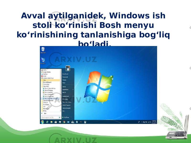 Avval aytilganidek, Windows ish stoli ko‘rinishi Bosh menyu ko‘rinishining tanlanishiga bog‘liq bo‘ladi. 