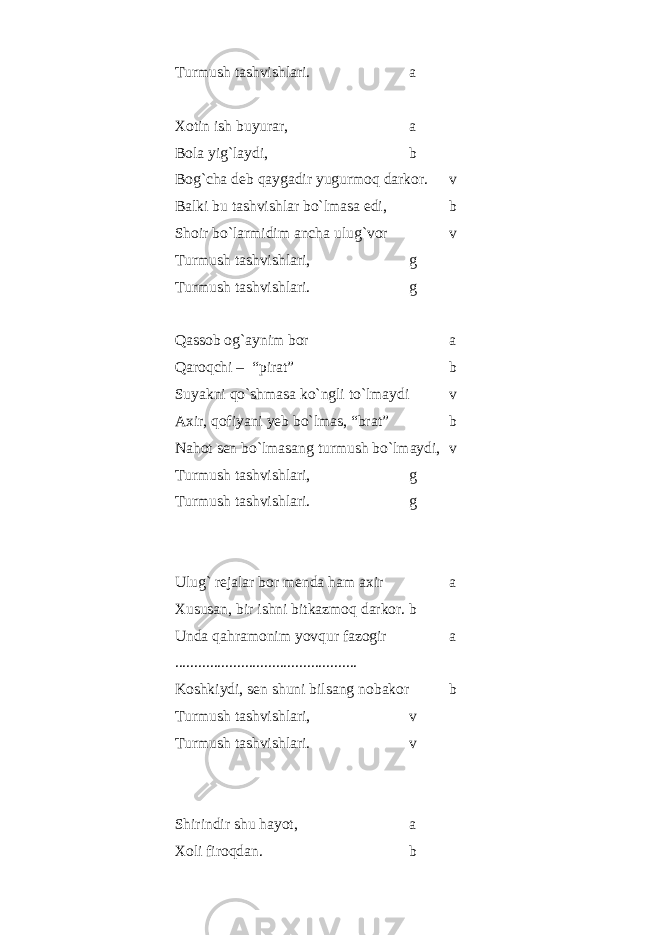 Turmush tashvishlari. a Xotin ish buyurar, a Bola yig`laydi, b Bog`cha deb qaygadir yugurmoq darkor. v Balki bu tashvishlar bo`lmasa edi, b Shoir bo`larmidim ancha ulug`vor v Turmush tashvishlari, g Turmush tashvishlari. g Qassob og`aynim bor a Qaroqchi – “pirat” b Suyakni qo`shmasa ko`ngli to`lmaydi v Axir, qofiyani yeb bo`lmas, “brat” b Nahot sen bo`lmasang turmush bo`lmaydi, v Turmush tashvishlari, g Turmush tashvishlari. g Ulug` rejalar bor menda ham axir a Xususan, bir ishni bitkazmoq darkor. b Unda qahramonim yovqur fazogir a ............................................... Koshkiydi, sen shuni bilsang nobakor b Turmush tashvishlari, v Turmush tashvishlari. v   Shirindir shu hayot, a Xoli firoqdan. b 