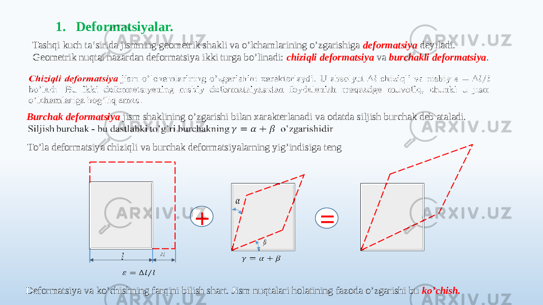 1. Deformatsiyalar. Deformatsiya va ko’chishning farqini bilish shart. Jism nuqtalari holatining fazoda o’zgarishi bu ko’chish.Tashqi kuch ta‘sirida jismning geometrik shakli va o’lchamlarining o’zgarishiga deformatsiya deyiladi. Geometrik nuqtai nazardan deformatsiya ikki turga bo’linadi: chiziqli deformatsiya va burchakli deformatsiya .   l    Burchak deformatsiya jism shaklining o’zgarishi bilan хarakterlanadi va odatda siljish burchak deb ataladi.        To’la deformatsiya chiziqli va burchak deformatsiyalarning yig’indisiga teng + = 