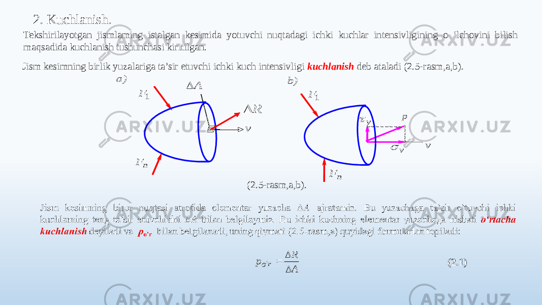 2. Kuchlanish. Tekshirilayotgan jismlaming istalgan kesimida yotuvchi nuqtadagi ichki kuchlar intensivligining o ‘lchovini bilish maqsadida kuchlanish tushunchasi kiritilgan. Jism kesimning birlik yuzalariga ta’sir etuvchi ichki kuch intensivligi kuchlanish deb ataladi (2.5-rasm,a,b). (2.5-rasm,a,b) .   (2.1) n F v 1 F R  A  v  v  р а) b ) v 1 F n F A R p r o    &#39; 