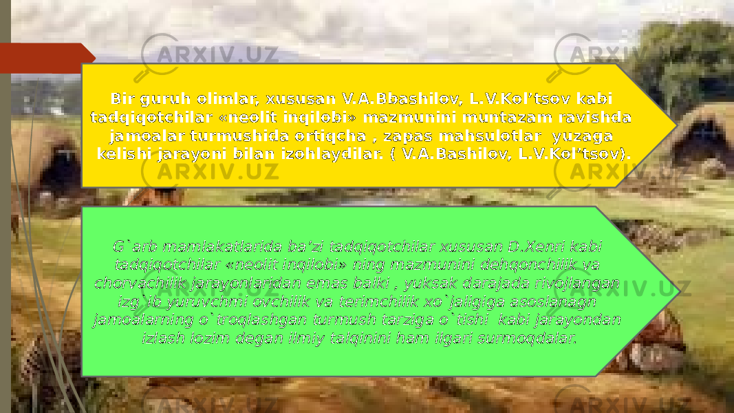 Bir guruh olimlar, xususan V.A.Bbashilov, L.V.Kol’tsov kabi tadqiqotchilar «neolit inqilobi» mazmunini muntazam ravishda jamoalar turmushida ortiqcha , zapas mahsulotlar yuzaga kelishi jarayoni bilan izohlaydilar. ( V.A.Bashilov, L.V.Kol’tsov). G`arb mamlakatlarida ba’zi tadqiqotchilar xususan D.Xenri kabi tadqiqotchilar «neolit inqilobi» ning mazmunini dehqonchilik va chorvachilik jarayonlaridan emas balki , yuksak darajada rivojlangan izg`ib yuruvchmi ovchilik va terimchilik xo`jaligiga asoslanagn jamoalarning o`troqlashgan turmush tarziga o`tishi kabi jarayondan izlash lozim degan ilmiy talqinini ham ilgari surmoqdalar. 