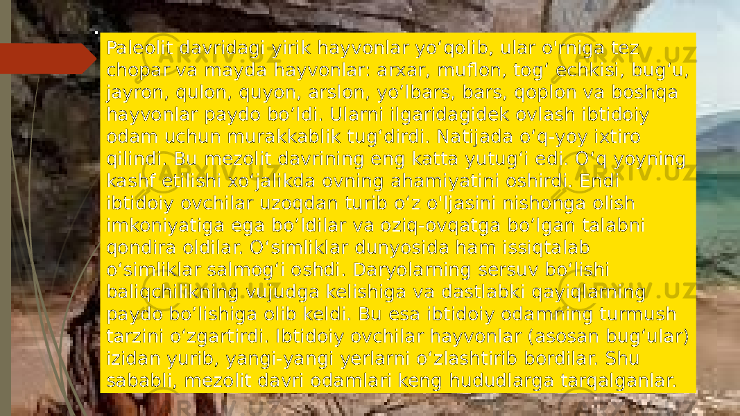 Paleolit davridagi yirik hayvonlar yo‘qolib, ular o&#39;rniga tez chopar va mayda hayvonlar: arxar, muflon, tog‘ echkisi, bug‘u, jayron, qulon, quyon, arslon, yoʼlbars, bars, qoplon va boshqa hayvonlar paydo boʼldi. Ularni ilgaridagidek ovlash ibtidoiy odam uchun murakkablik tug‘dirdi. Natijada o‘q-yoy ixtiro qilindi. Bu mezolit davrining eng katta yutug‘i edi. O‘q yoyning kashf etilishi xo‘jalikda ovning ahamiyatini oshirdi. Endi ibtidoiy ovchilar uzoqdan turib o‘z o&#39;ljasini nishonga olish imkoniyatiga ega boʼldilar va oziq-ovqatga boʼlgan talabni qondira oldilar. Oʻsimliklar dunyosida ham issiqtalab o‘simliklar salmog‘i oshdi. Daryolarning sersuv bo‘lishi baliqchilikning vujudga kelishiga va dastlabki qayiqlarning paydo boʼlishiga olib keldi. Bu esa ibtidoiy odamning turmush tarzini o‘zgartirdi. Ibtidoiy ovchilar hayvonlar (asosan bug‘ular) izidan yurib, yangi-yangi yerlarni o‘zlashtirib bordilar. Shu sababli, mezolit davri odamlari keng hududlarga tarqalganlar. 