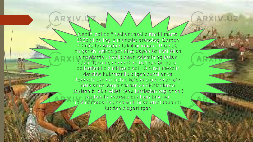 Neolit inqilobi&#34; tushunchasi birinchi marta 1923 yilda ingliz marksist arxeologi Gordon Childe tomonidan taklif qilingan . U ishlab chiqarish iqtisodiyotining paydo bo&#39;lishi bilan bir qatorda , neolit davri odamining butun hayot tarzi uchun muhim bo&#39;lgan bir qator oqibatlarni o&#39;z ichiga oladi . Oldingi mezolit davrida hukmronlik qilgan ovchilar va terimchilarning kichik koʻchma guruhlari oʻz dalalariga yaqin shahar va qishloqlarga joylashib, ekin ekish (shu jumladan sugʻorish ) va hosilni maxsus qurilgan bino va inshootlarda saqlash yoʻli bilan atrof-muhitni tubdan oʻzgartirgan. 