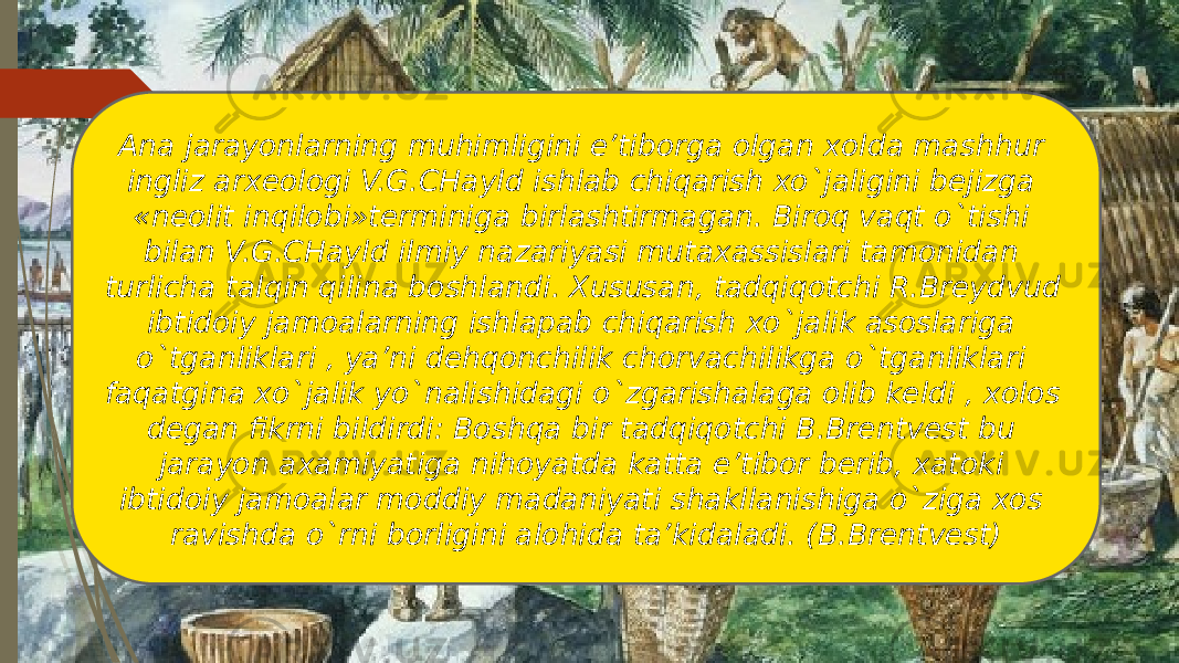 Ana jarayonlarning muhimligini e’tiborga olgan xolda mashhur ingliz arxeologi V.G.CHayld ishlab chiqarish xo`jaligini bejizga «neolit inqilobi»terminiga birlashtirmagan. Biroq vaqt o`tishi bilan V.G.CHayld ilmiy nazariyasi mutaxassislari tamonidan turlicha talqin qilina boshlandi. Xususan, tadqiqotchi R.Breydvud ibtidoiy jamoalarning ishlapab chiqarish xo`jalik asoslariga o`tganliklari , ya’ni dehqonchilik chorvachilikga o`tganliklari faqatgina xo`jalik yo`nalishidagi o`zgarishalaga olib keldi , xolos degan fikrni bildirdi: Boshqa bir tadqiqotchi B.Brentvest bu jarayon axamiyatiga nihoyatda katta e’tibor berib, xatoki ibtidoiy jamoalar moddiy madaniyati shakllanishiga o`ziga xos ravishda o`rni borligini alohida ta’kidaladi. (B.Brentvest) 