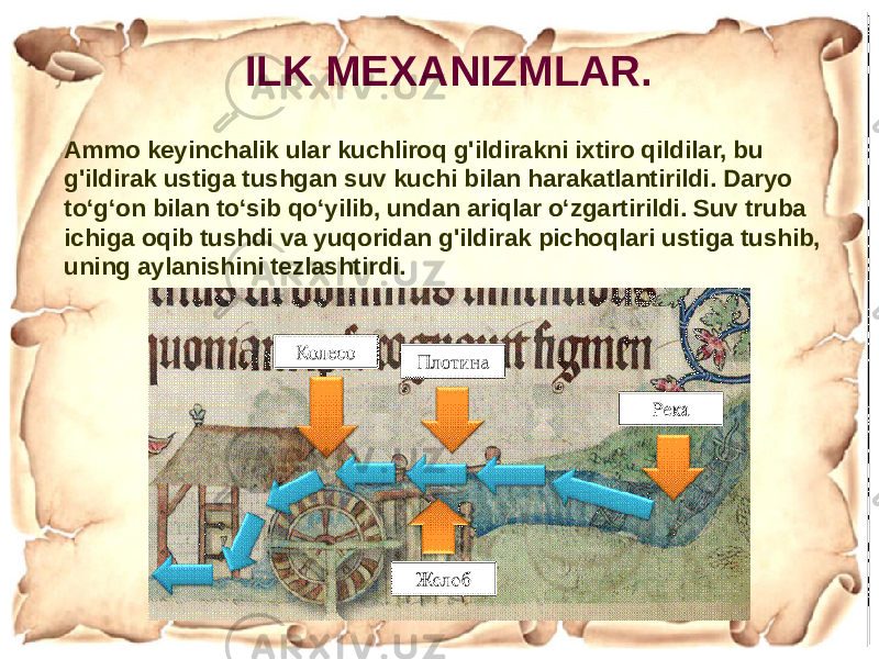 Ammo keyinchalik ular kuchliroq g&#39;ildirakni ixtiro qildilar, bu g&#39;ildirak ustiga tushgan suv kuchi bilan harakatlantirildi. Daryo to‘g‘on bilan to‘sib qo‘yilib, undan ariqlar o‘zgartirildi. Suv truba ichiga oqib tushdi va yuqoridan g&#39;ildirak pichoqlari ustiga tushib, uning aylanishini tezlashtirdi. ILK MEXANIZMLAR. 