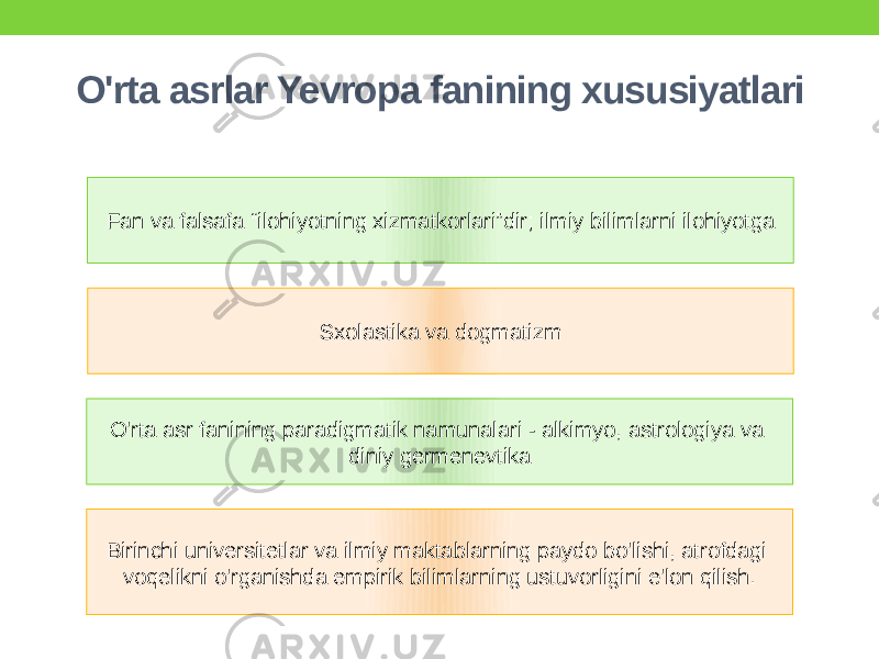 O&#39;rta asrlar Yevropa fanining xususiyatlari Fan va falsafa “ilohiyotning xizmatkorlari”dir; ilmiy bilimlarni ilohiyotga Birinchi universitetlar va ilmiy maktablarning paydo bo&#39;lishi, atrofdagi voqelikni o&#39;rganishda empirik bilimlarning ustuvorligini e&#39;lon qilish. Sxolastika va dogmatizm O&#39;rta asr fanining paradigmatik namunalari - alkimyo, astrologiya va diniy germenevtika 