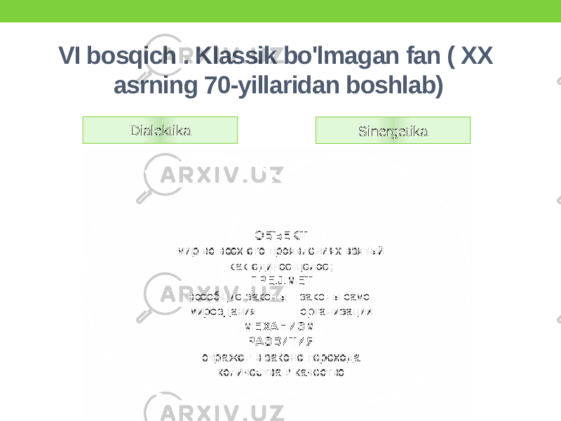 VI bosqich . Klassik bo&#39;lmagan fan ( XX asrning 70-yillaridan boshlab) Dialektika Sinergetika 