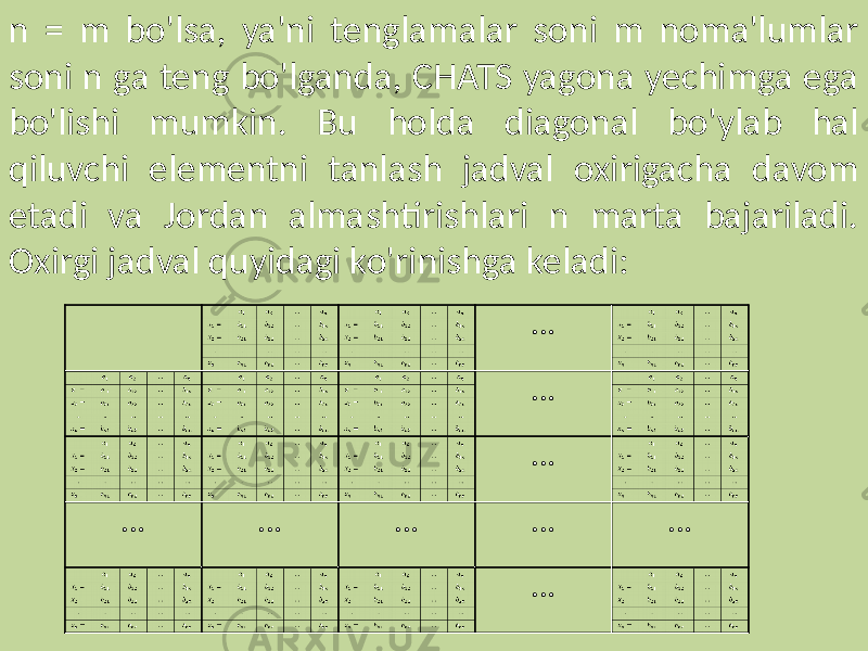 n = m bo&#39;lsa, ya&#39;ni tenglamalar soni m noma&#39;lumlar soni n ga teng bo&#39;lganda, CHATS yagona yechimga ega bo&#39;lishi mumkin. Bu holda diagonal bo&#39;ylab hal qiluvchi elementni tanlash jadval oxirigacha davom etadi va Jordan almashtirishlari n marta bajariladi. Oxirgi jadval quyidagi ko&#39;rinishga keladi: … … … … … … … … …… … … … … … … … … 