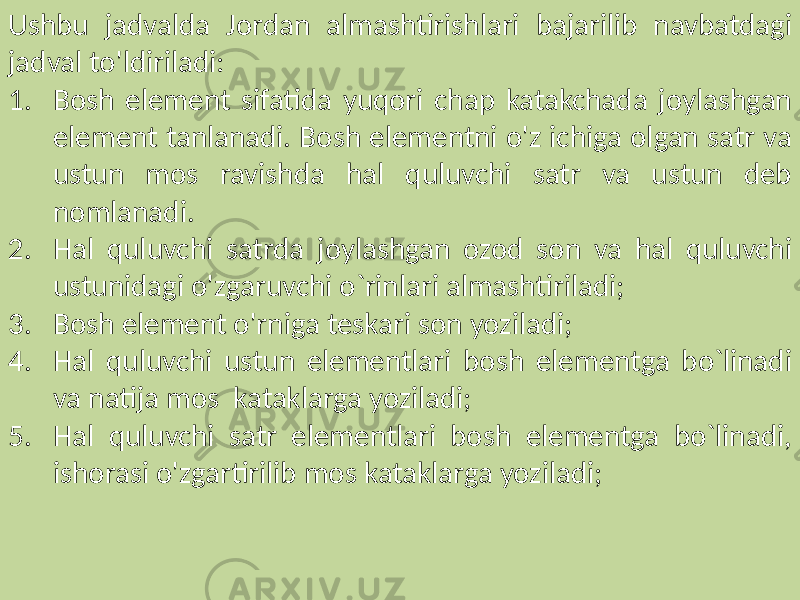 Ushbu jadvalda Jordan almashtirishlari bajarilib navbatdagi jadval to&#39;ldiriladi: 1. Bosh element sifatida yuqori chap katakchada joylashgan element tanlanadi. Bosh elementni o&#39;z ichiga olgan satr va ustun mos ravishda hal quluvchi satr va ustun deb nomlanadi. 2. Hal quluvchi satrda joylashgan ozod son va hal quluvchi ustunidagi o&#39;zgaruvchi o`rinlari almashtiriladi; 3. Bosh element o&#39;rniga teskari son yoziladi; 4. Hal quluvchi ustun elementlari bosh elementga bo`linadi va natija mos kataklarga yoziladi; 5. Hal quluvchi satr elementlari bosh elementga bo`linadi, ishorasi o&#39;zgartirilib mos kataklarga yoziladi; 
