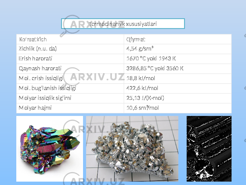 Termodinamik xususiyatlari Ko&#39;rsatkich Qiymat Zichlik (n.u. da) 4,54 g/sm³ Erish harorati 1670 °C yoki 1943 K Qaynash harorati 3286,85 °C yoki 3560 K Mol. erish issiqligi 18,8 kJ/mol Mol. bug&#39;lanish issiqligi 422,6 kJ/mol Molyar issiqlik sig&#39;imi 25,13 J/(K·mol) Molyar hajmi 10,6 sm³/mol 
