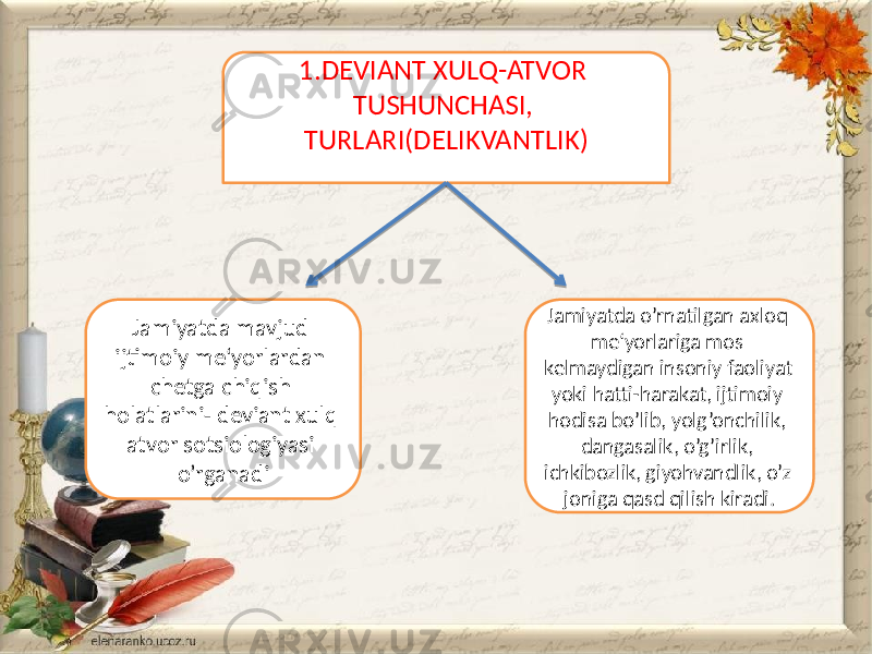 1.DEVIANT XULQ-ATVOR TUSHUNCHASI, TURLARI(DELIKVANTLIK) Jamiyatda mavjud ijtimoiy me‘yorlardan chetga chiqish holatlarini- deviant xulq atvor sotsiologiyasi o’rganadi Jamiyatda o’rnatilgan axloq me‘yorlariga mos kelmaydigan insoniy faoliyat yoki hatti-harakat, ijtimoiy hodisa bo’lib, yolg’onchilik, dangasalik, o’g’irlik, ichkibozlik, giyohvandlik, o’z joniga qasd qilish kiradi. 