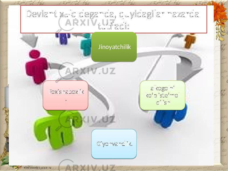 Deviant xulq deganda, quyidagilar nazarda tutiladi: Jinoyatchilik alkogolni ko’p iste’mol qilish Giyohvandlik. Foxishabozlik . 3E1F1E 1D 32 36 0D 12 35 