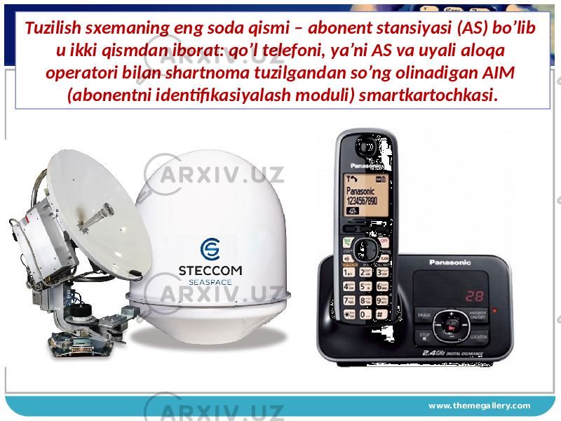 www.themegallery.comTuzilish sхemaning eng soda qismi – abonent stansiyasi (AS) bo’lib u ikki qismdan iborat: qo’l telefoni, ya’ni AS va uyali aloqa operatori bilan shartnoma tuzilgandan so’ng olinadigan AIM (abonentni identifikasiyalash moduli) smartkartochkasi. 