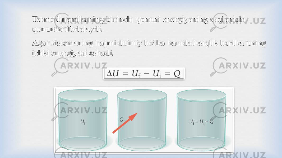 Termodinamikaning birinchi qonuni energiyaning saqlanishi qonunini ifodalaydi. Agar sistemaning hajmi doimiy bo’lsa hamda issiqlik berilsa uning ichki energiyasi oshadi. 