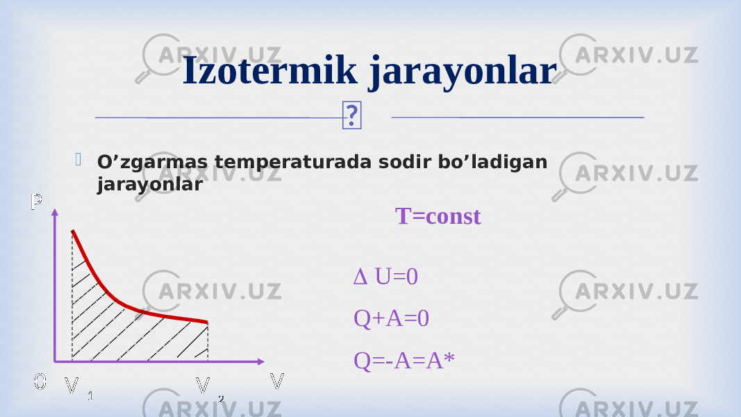 Izotermik jarayonlar P V0 V 1 V 2 O’zgarmas temperaturada sodir bo’ladigan jarayonlar T=const  U=0 Q+A=0 Q=-A=A* 