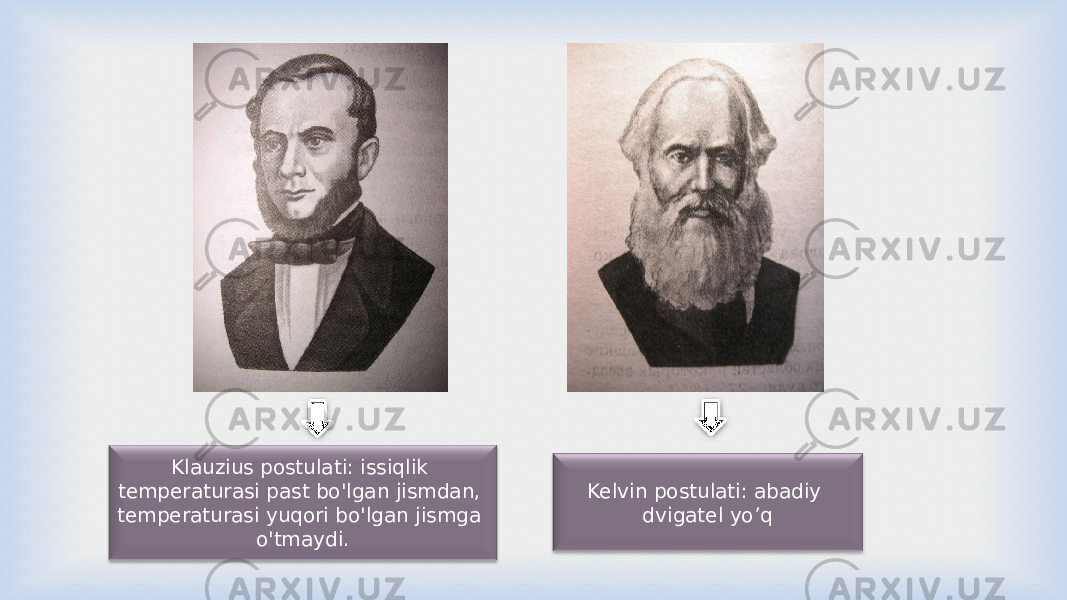 Klauzius postulati: issiqlik temperaturasi past bo&#39;lgan jismdan, temperaturasi yuqori bo&#39;lgan jismga o&#39;tmaydi. Kelvin postulati: abadiy dvigatel yo’q 