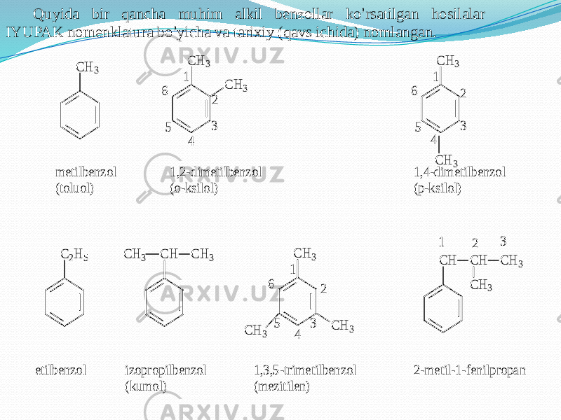 Quyida bir qancha muhim alkil benzollar ko ’ rsatilgan hosilalar IYUPAK nomenklatura bo ’ yicha va tarixiy (qavs ichida) nomlangan.C 2H 5 C H 3 C H 3 1 2 3 4 5 6 C H 3 C H 3 C H 3 1 2 3 4 5 6 C H 3 1 2 3 4 5 6 m etilbenzol (toluol) 1,2-dim etilbenzol (o-ksilol) 1,4-dim etilbenzol (p-ksilol) C H C H 3 C H 3 C H 3 C H 3 C H C H C H 3 C H 3 1 2 3 etilbenzol izopropilbenzol (kum ol) 1,3,5-trim etilbenzol (m ezitilen) 2-m etil-1-fenilpropan 