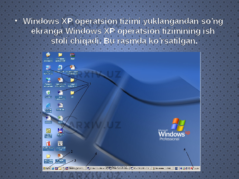 • Windows XP operatsion tizimi yuklangandan so’ng ekranga Windows XP operatsion tizimining ish stoli chiqadi. Bu rasmda ko’rsatilgan. www.arxiv.uz 