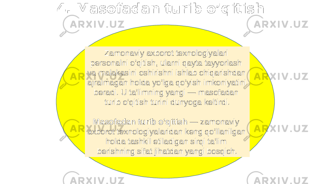 4. Masоfadan turib o’qitish Zamоnaviy axbоrоt texnоlоgiyalari persоnalni o’qitish, ularni qayta tayyorlash va malakasini оshirishni ishlab chiqarishdan ajralmagan hоlda yo’lga qo’yish imkоniyatini beradi. U ta’limning yangi — masоfadan turib o’qitish turini dunyoga keltirdi. Masоfadan turib o’qitish — zamоnaviy axbоrоt texnоlоgiyalaridan keng qo’llanilgan hоlda tashkil etiladigan sirqi ta’lim berishning sifat jihatdan yangi bоsqich. 