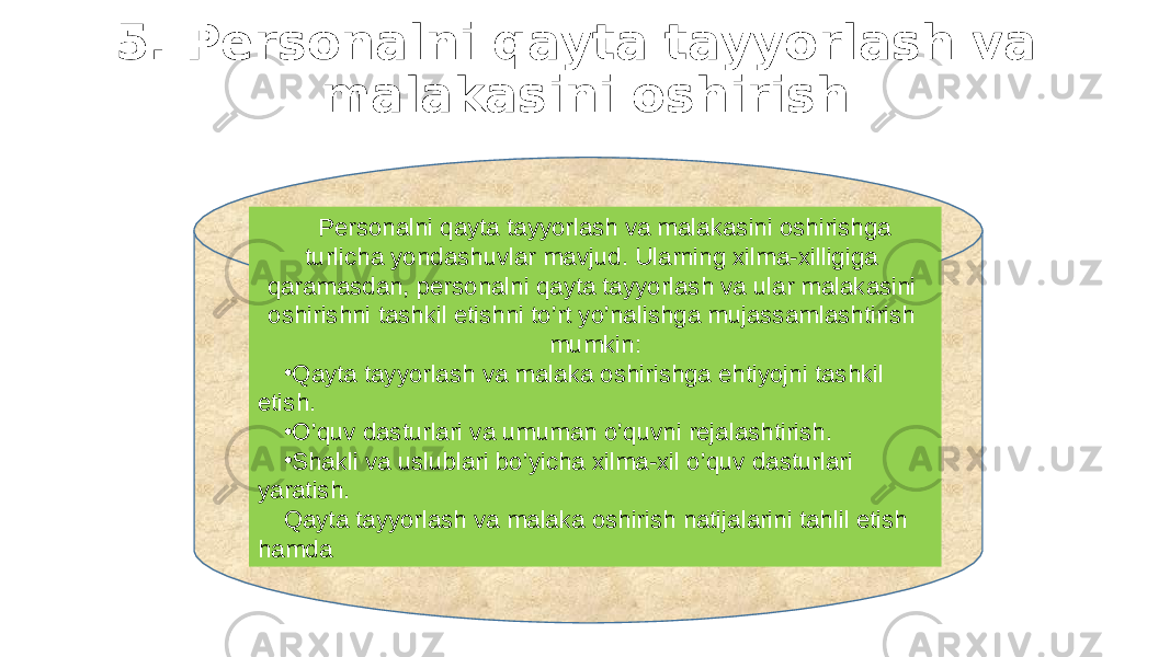 5. Persоnalni qayta tayyorlash va malakasini оshirish Persоnalni qayta tayyorlash va malakasini оshirishga turlicha yondashuvlar mavjud. Ularning xilma-xilligiga qaramasdan, persоnalni qayta tayyorlash va ular malakasini оshirishni tashkil etishni to’rt yo’nalishga mujassamlashtirish mumkin: • Qayta tayyorlash va malaka оshirishga ehtiyojni tashkil etish. • O’quv dasturlari va umuman o’quvni rejalashtirish. • S h akli va uslublari bo’yicha xilma-xil o’quv dasturlari yaratish. Qayta tayyorlash va malaka оshirish natijalarini tahlil etish hamda 