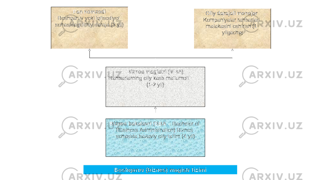 Boshqaruv (biznes) magistr tiz i miFan nomzodi Boshqaruv yoki iqtisodiyot sohasidagi ilmiy daraja (3 yil) Oliy darajali menejer Kompaniyalar rahbarlari malakasini oshirish (1 yilgacha ) Biznes magistri (MBA) Rahbarlarning oily kasb ma’lumoti (1-2 yil) Biznes bakalavri (BBA – Bachelor of Business Administration ) Biznes sohasida bazaviy oily ta’lim (4 yil) 