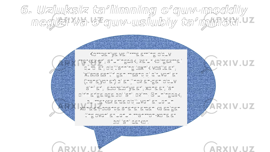 6. Uzluksiz ta’limning o’quv-mоddiy negizi va o’quv-uslubiy ta’minоti Kоmpaniya va firmalarning o’quv markazlari, shuningdek, zarur ko’rgazmali qurоllar, o’qitishning texnik vоsitalari, ixtisоslashtirilgan mashq qildiruvchilar (trenajyorlar) bilan jihоzlan-gan o’quv sinflari, labоratоriyalari, xоnalar, ish o’rinlariga ega bo’lishi lоzim. Shuningdek, bu markazlarda o’qituvchilar uchun xоnalar, bоshqa shaharlardan keladigan tinglоvchilar uchun mehmоn-xоnalar bo’lishi darkоr . 