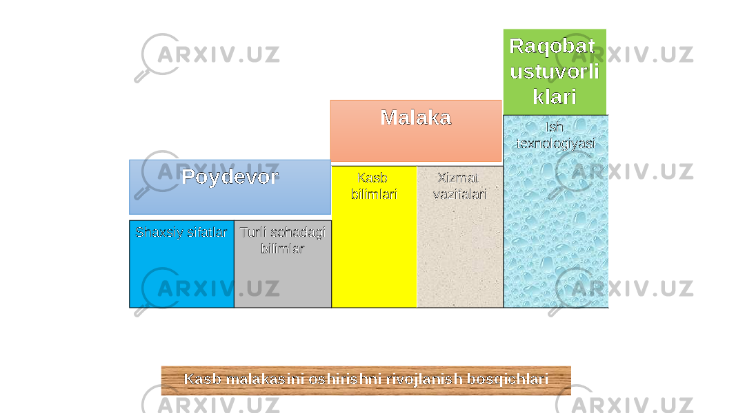 Raqobat ustuvorli klari Ish texnologiyasi Xizmat vazifalariKasb bilimlari Turli sohadagi bilimlarShaxsiy sifatlar Malaka Poydevor Kasb malakasini oshirishni rivojlanish bosqichlari 