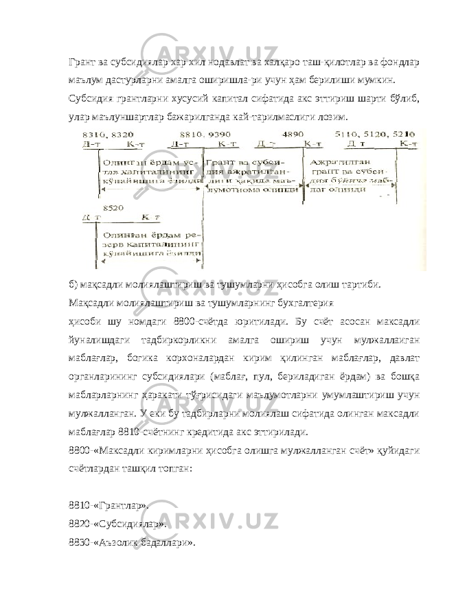 Грант ва субсидиялар хар хил нодавлат ва халқаро таш-қилотлар ва фондлар маълум дастурларни амалга оширишла-ри учун ҳам берилиши мумкин. Субсидия грантларни хусусий капитал сифатида акс эттириш шарти бўлиб, улар маълуншартлар бажарилганда кай-тарилмаслиги лозим. б) мақсадли молиялаштириш ва тушумларни ҳисобга олиш тартиби. Мақсадли молиялаштириш ва тушумларнинг бухгалтерия ҳисоби шу номдаги 8800-счётда юритилади. Бу счёт асосан максадли йуналишдаги тадбиркорликни амалга ошириш учун мулжаллаиган маблағлар, богика корхоналардан кирим қилинган маблағлар, давлат органларининг субсидиялари (маблағ, пул, бериладиган ёрдам) ва бошқа мабларларнинг ҳаракати тўғрисидаги маълумотларни умумлаштириш учун мулжалланган. У еки бу тадбирларни молиялаш сифатида олинган максадли маблағлар 8810-счётнинг кредитида акс эттирилади. 8800-«Максадли киримларни ҳисобга олишга мулжалланган счёт» қуйидаги счётлардан ташқил топган: 8810-«Грантлар». 8820-«Субсидиялар». 8830-«Аъзолик бадаллари». 