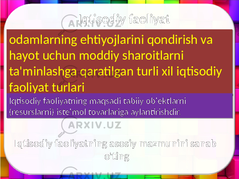 Iqtisodiy faoliyat odamlarning ehtiyojlarini qondirish va hayot uchun moddiy sharoitlarni ta&#39;minlashga qaratilgan turli xil iqtisodiy faoliyat turlari Iqtisodiy faoliyatning maqsadi tabiiy ob&#39;ektlarni (resurslarni) iste&#39;mol tovarlariga aylantirishdir. Iqtisodiy faoliyatning asosiy mazmunini sanab o&#39;ting01020304 0C03 13 18 19 1C06 