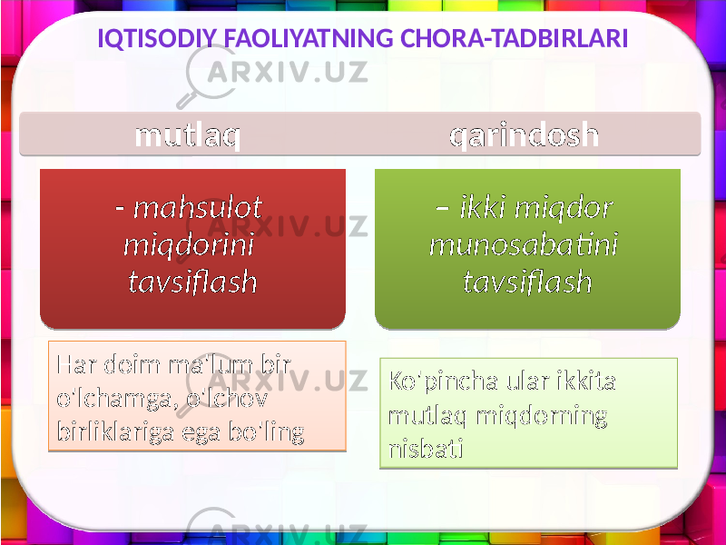 IQTISODIY FAOLIYATNING CHORA-TADBIRLARI - mahsulot miqdorini tavsiflash – ikki miqdor munosabatini tavsiflashmutlaq qarindosh Har doim ma&#39;lum bir o&#39;lchamga, o&#39;lchov birliklariga ega bo&#39;ling Ko&#39;pincha ular ikkita mutlaq miqdorning nisbati 210A 110A0807 11 0F 22 0318 110E15 0F 2B 01 1A 2C 04 07 