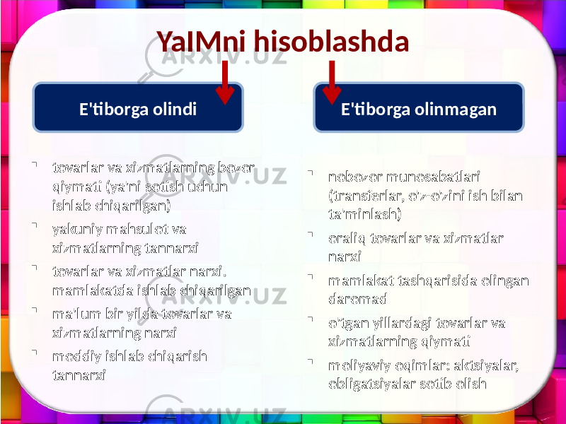 YaIMni hisoblashda E&#39;tiborga olindi E&#39;tiborga olinmagan  tovarlar va xizmatlarning bozor qiymati (ya&#39;ni sotish uchun ishlab chiqarilgan)  yakuniy mahsulot va xizmatlarning tannarxi  tovarlar va xizmatlar narxi. mamlakatda ishlab chiqarilgan  ma&#39;lum bir yilda tovarlar va xizmatlarning narxi  moddiy ishlab chiqarish tannarxi  nobozor munosabatlari (transferlar, o&#39;z-o&#39;zini ish bilan ta&#39;minlash)  oraliq tovarlar va xizmatlar narxi  mamlakat tashqarisida olingan daromad  o&#39;tgan yillardagi tovarlar va xizmatlarning qiymati  moliyaviy oqimlar: aktsiyalar, obligatsiyalar sotib olish 