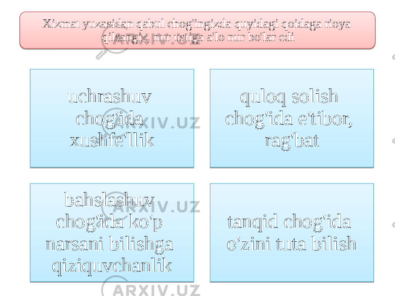 Xizmat yuzasidan qаbul chоg&#39;ingizda quyidagi qоidaga riоya qilsаngiz, nur ustiga а&#39;lо nur bo&#39;lar edi uchrаshuv chоg&#39;ida хushfе&#39;llik quloq solish chоg&#39;ida e&#39;tibor, rаg&#39;bаt bаhslаshuv chоg&#39;ida ko&#39;p narsani bilishga qiziquvchanlik tаnqid chоg&#39;ida o&#39;zini tutа bilish45 220716 18270C08 270C1C1723 1B180F0C15 2218160A220B 27 08 060E0C0F160E 27 1204 22 030E 0A23 