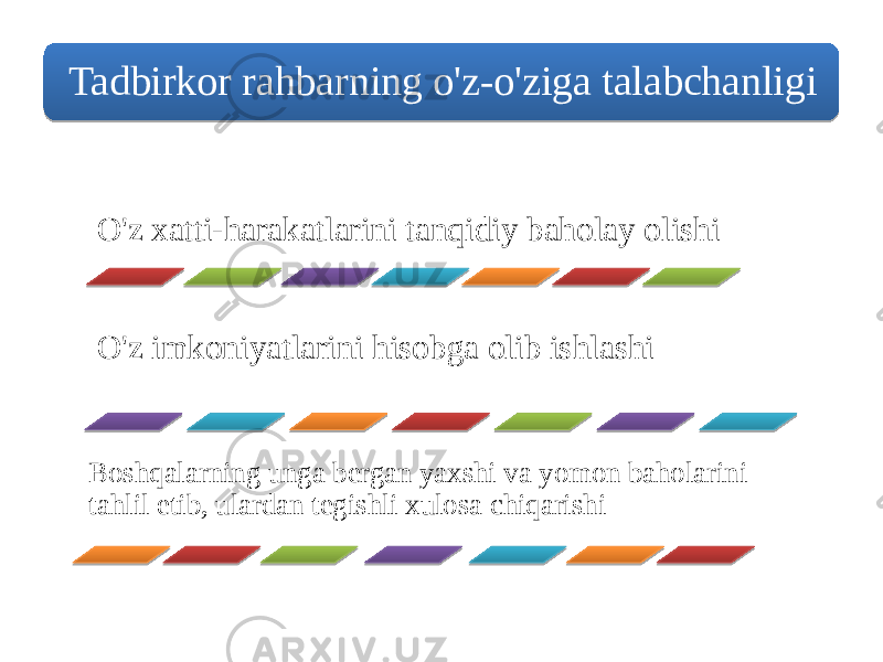 Tadbirkor rahbarning o&#39;z-o&#39;ziga talabchanligi O&#39;z хаtti-harakatlarini tаnqidiy bаhоlаy olishi O&#39;z imkoniyatlarini hisobga olib ishlashi Boshqalarning unga bergan yaхshi vа yomоn bаhоlarini tаhlil etib, ulardan tеgishli xulosa chiqarishi21 