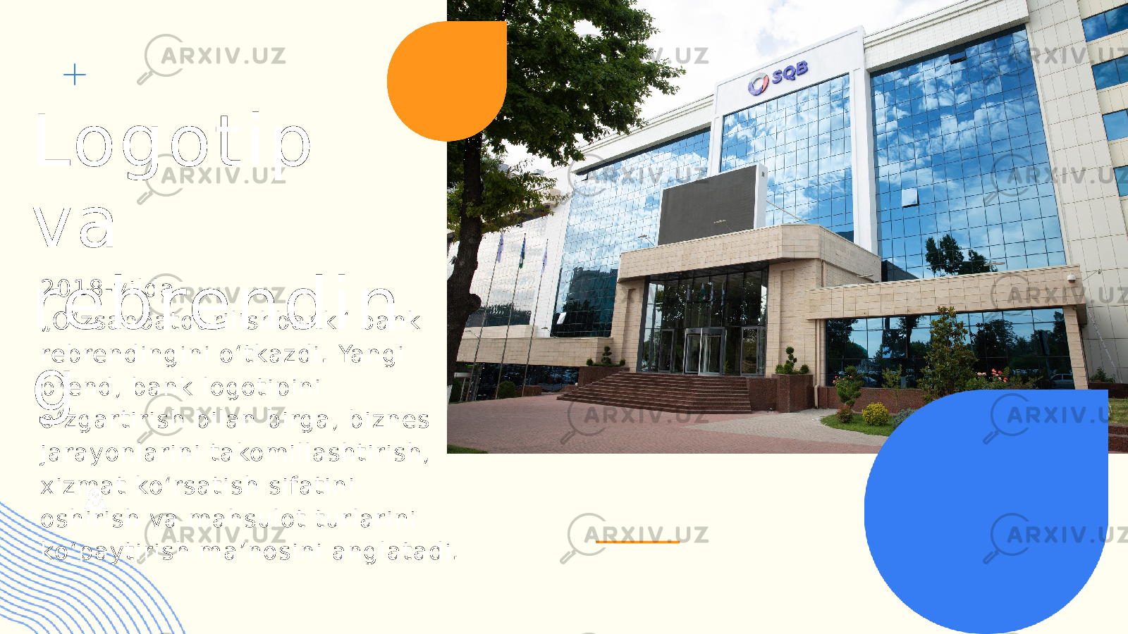 Logotip va rebrendin g 2018-yilda „Oʻzsanoatq urilishb ank“ b ank re bre nd ingini oʻtkaz di. Yangi b rend, b ank lo gotip ini oʻzgartirish b ilan b irga, bizne s jarayonlar ini tako millashtir ish, x izmat koʻr satish sifatini oshirish va mahsulot tur larini koʻpaytirish m aʼno sini anglatad i. 