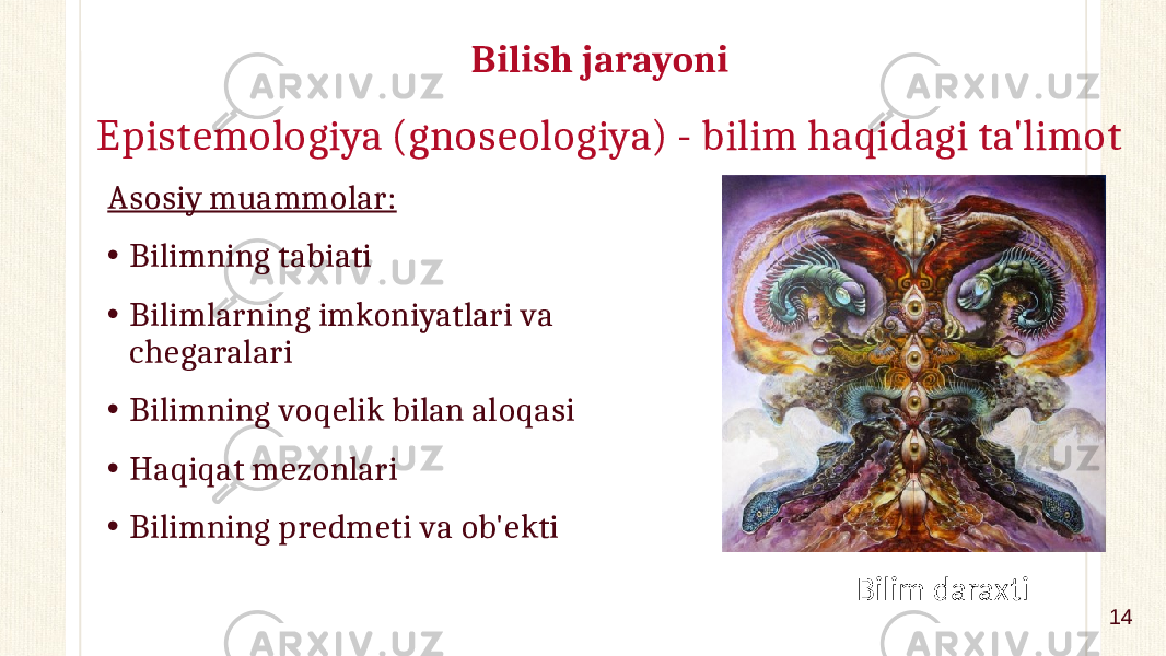 Epistemologiya (gnoseologiya) - bilim haqidagi ta&#39;limot Asosiy muammolar: • Bilimning tabiati • Bilimlarning imkoniyatlari va chegaralari • Bilimning voqelik bilan aloqasi • Haqiqat mezonlari • Bilimning predmeti va ob&#39;ekti Bilim daraxtiBilish jarayoni 14 