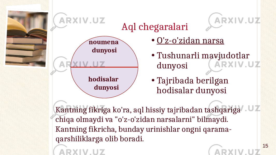 Aql chegaralari • O&#39;z-o&#39;zidan narsa • Tushunarli mavjudotlar dunyosi • Tajribada berilgan hodisalar dunyosi Kantning fikriga ko&#39;ra, aql hissiy tajribadan tashqariga chiqa olmaydi va &#34;o&#39;z-o&#39;zidan narsalarni&#34; bilmaydi. Kantning fikricha, bunday urinishlar ongni qarama- qarshiliklarga olib boradi. noumena dunyosi hodisalar dunyosi 15 