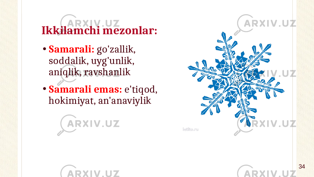 Ikkilamchi mezonlar: • Samarali: go&#39;zallik, soddalik, uyg&#39;unlik, aniqlik, ravshanlik • Samarali emas: e&#39;tiqod, hokimiyat, an&#39;anaviylik 34 