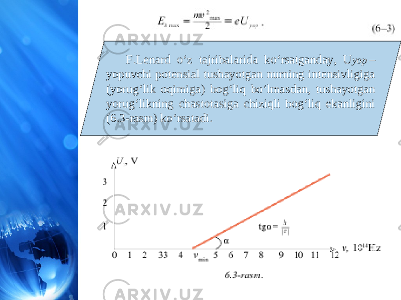 F.Lenard o‘z tajribalarida ko‘rsatganday, U yop  – yopuvchi potensial tushayotgan nurning intensivligiga (yorug‘lik oqimiga) bog‘liq bo‘lmasdan, tushayotgan yorug‘likning chastotasiga chiziqli bog‘liq ekanligini (6.3-rasm) ko‘rsatadi. 