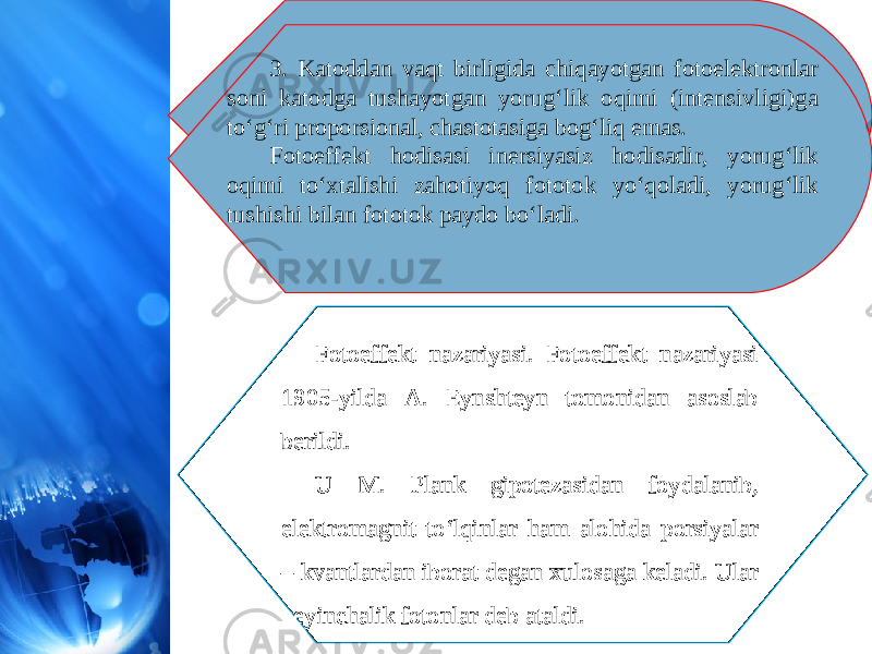 3. Katoddan vaqt birligida chiqayotgan fotoelektronlar soni katodga tushayotgan yorug‘lik oqimi (intensivligi)ga to‘g‘ri proporsional, chastotasiga bog‘liq emas. Fotoeffekt hodisasi inersiyasiz hodisadir, yorug‘lik oqimi to‘xtalishi zahotiyoq fototok yo‘qoladi, yorug‘lik tushishi bilan fototok paydo bo‘ladi. Fotoeffekt nazariyasi. Fotoeffekt nazariyasi 1905-yilda A. Eynshteyn tomonidan asoslab berildi. U M. Plank gipotezasidan foydalanib, elektromagnit to‘lqinlar ham alohida porsiyalar – kvantlardan iborat degan xulosaga keladi. Ular keyinchalik fotonlar deb ataldi. 