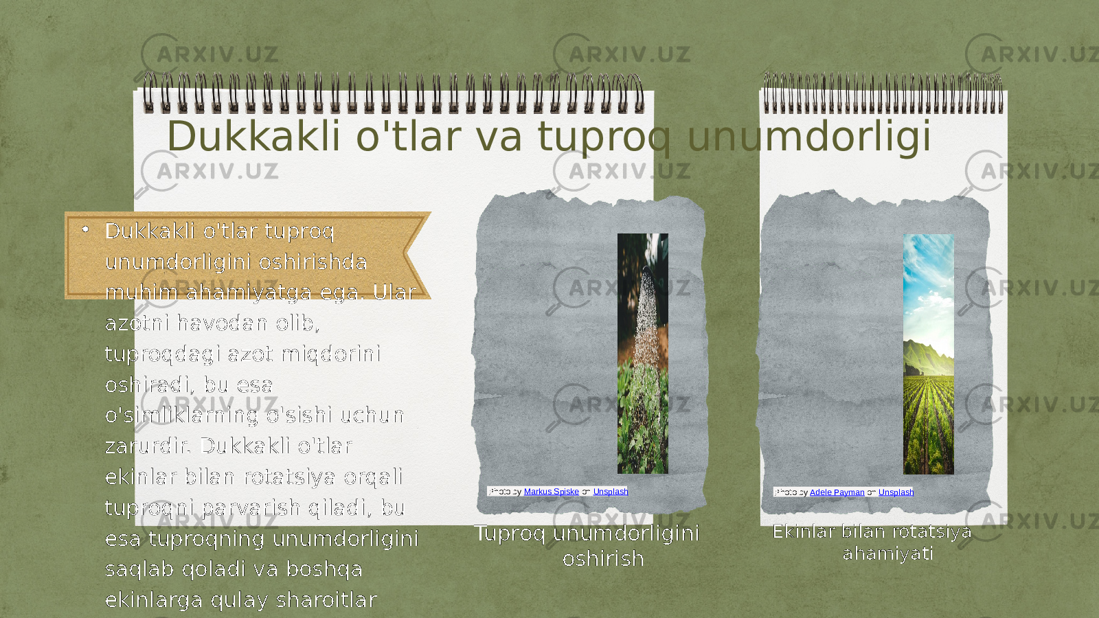 Dukkakli o&#39;tlar va tuproq unumdorligi • Dukkakli o&#39;tlar tuproq unumdorligini oshirishda muhim ahamiyatga ega. Ular azotni havodan olib, tuproqdagi azot miqdorini oshiradi, bu esa o&#39;simliklarning o&#39;sishi uchun zarurdir. Dukkakli o&#39;tlar ekinlar bilan rotatsiya orqali tuproqni parvarish qiladi, bu esa tuproqning unumdorligini saqlab qoladi va boshqa ekinlarga qulay sharoitlar yaratadi. Tuproq unumdorligini oshirish Ekinlar bilan rotatsiya ahamiyatiPhoto by Markus Spiske on Unsplash Photo by Adele Payman on Unsplash 