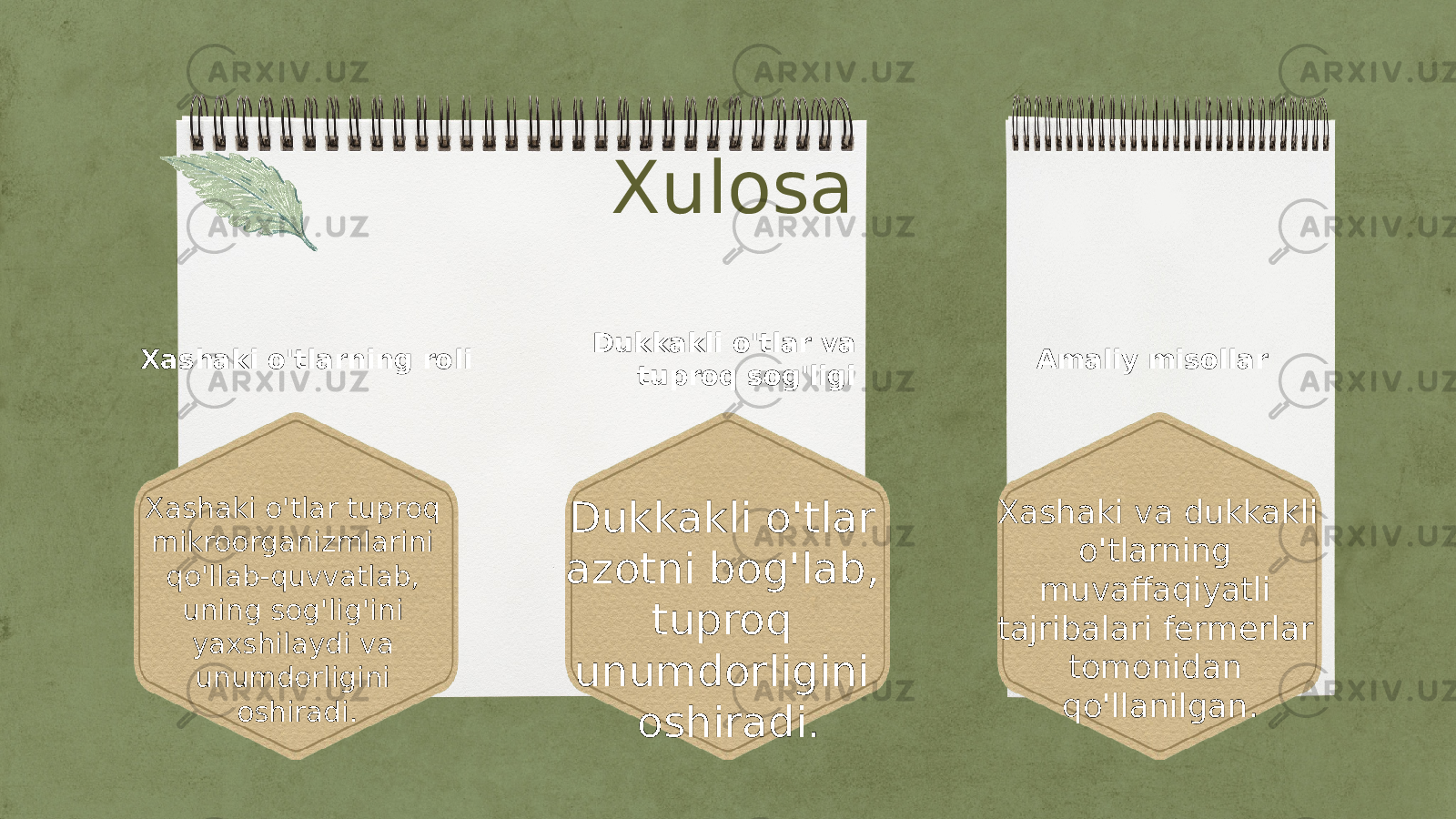 Xulosa Xashaki o&#39;tlarning roli Dukkakli o&#39;tlar va tuproq sog&#39;ligi Amaliy misollar Xashaki o&#39;tlar tuproq mikroorganizmlarini qo&#39;llab-quvvatlab, uning sog&#39;lig&#39;ini yaxshilaydi va unumdorligini oshiradi. Dukkakli o&#39;tlar azotni bog&#39;lab, tuproq unumdorligini oshiradi. Xashaki va dukkakli o&#39;tlarning muvaffaqiyatli tajribalari fermerlar tomonidan qo&#39;llanilgan. 