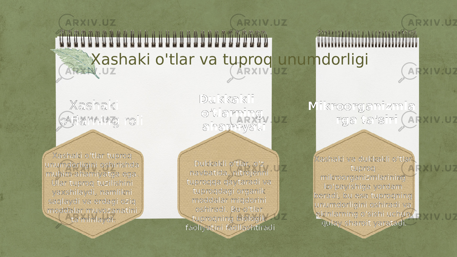 Xashaki o&#39;tlar va tuproq unumdorligi Xashaki o&#39;tlarning roli Dukkakli o&#39;tlarning ahamiyati Mikroorganizmla rga ta&#39;siri Xashaki o&#39;tlar tuproq unumdorligini oshirishda muhim ahamiyatga ega. Ular tuproq tuzilishini yaxshilaydi, namlikni saqlaydi va erdagi oziq moddalar muvozanatini ta&#39;minlaydi. Dukkakli o&#39;tlar, o&#39;z navbatida, nitrojenni tuproqqa qaytaradi va tuproqdagi organik moddalar miqdorini oshiradi. Bu o&#39;tlar tuproqning biologik faoliyatini faollashtiradi Xashaki va dukkakli o&#39;tlar tuproq mikroorganizmlarining ko&#39;payishiga yordam beradi, bu esa tuproqning unumdorligini oshiradi va ekinlarning o&#39;sishi uchun qulay sharoit yaratadi. 