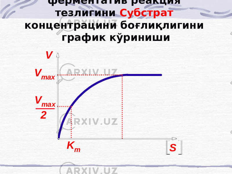 ферментатив реакция тезлигини Субстрат концентрацини боғлиқлигини график кўринишиV V max V max 2 S K m 