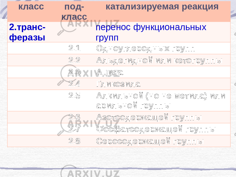 класс под- класс катализируемая реакция 2.транс- феразы перенос функциональных групп 2.1 Одноуглеродных групп 2.2 Альдегидной или кетогруппы 2.3 Ацила 2.4 Гликозила 2.5 Алкильной (но не метила) или арильной группы 2.6 Азотсодержащей группы 2.7 Фосфатсодержащей группы 2.8 Серосодержащей группы 