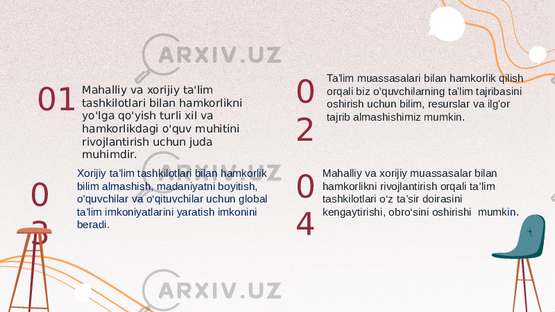 01 0 40 3 0 2 Xorijiy ta’lim tashkilotlari bilan hamkorlik bilim almashish, madaniyatni boyitish, o’quvchilar va o‘qituvchilar uchun global ta’lim imkoniyatlarini yaratish imkonini beradi. Mahalliy va xorijiy muassasalar bilan hamkorlikni rivojlantirish orqali ta’lim tashkilotlari o‘z ta’sir doirasini kengaytirishi, obro‘sini oshirishi mumk in .Mahalliy va xorijiy ta&#39;lim tashkilotlari bilan hamkorlikni yo&#39;lga qo&#39;yish turli xil va hamkorlikdagi o&#39;quv muhitini rivojlantirish uchun juda muhimdir . Ta&#39;lim muassasalari bilan hamkorlik qilish orqali biz o’quvchilarning ta&#39;lim tajribasini oshirish uchun bilim, resurslar va ilg&#39;or tajrib almashishimiz mumkin . 