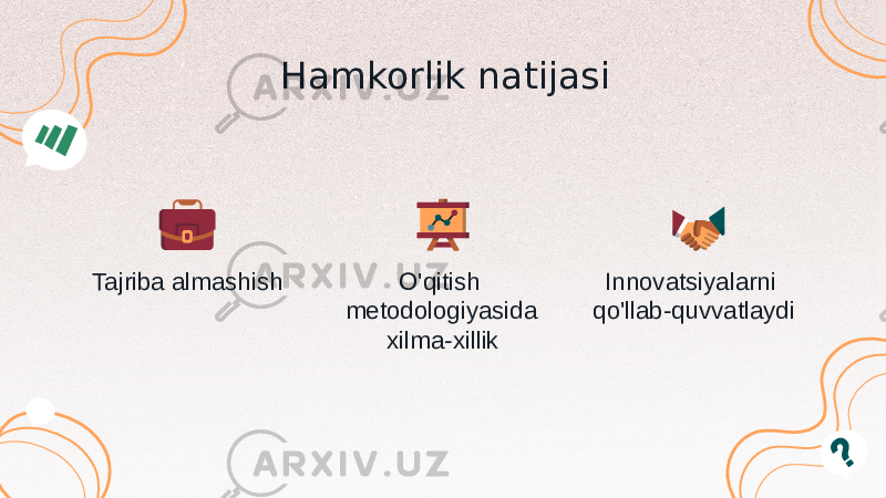 Hamkorlik natijasi Tajriba almashish O&#39;qitish metodologiyasida xilma-xillik Innovatsiyalarni qo&#39;llab-quvvatlaydi 