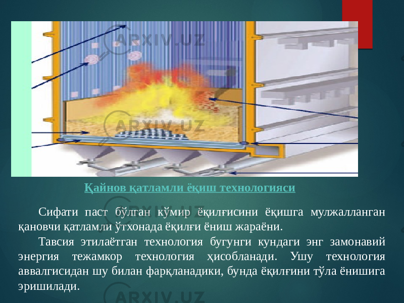 Қайнов қатламли ёқиш технологияси Сифати паст бўлган кўмир ёқилғисини ёқишга мулжалланган қановчи қатламли ўтхонада ёқилғи ёниш жараёни. Тавсия этилаётган технология бугунги кундаги энг замонавий энергия тежамкор технология ҳисобланади. Ушу технология аввалгисидан шу билан фарқланадики, бунда ёқилғини тўла ёнишига эришилади. 