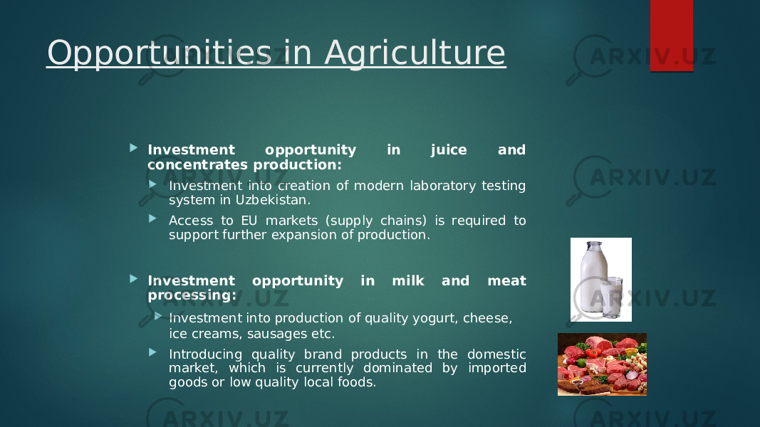 Opportunities in Agriculture  Investment opportunity in juice and concentrates production:  Investment into creation of modern laboratory testing system in Uzbekistan.  Access to EU markets (supply chains) is required to support further expansion of production.  Investment opportunity in milk and meat processing:  Investment into production of quality yogurt, cheese, ice creams, sausages etc.  Introducing quality brand products in the domestic market, which is currently dominated by imported goods or low quality local foods. 